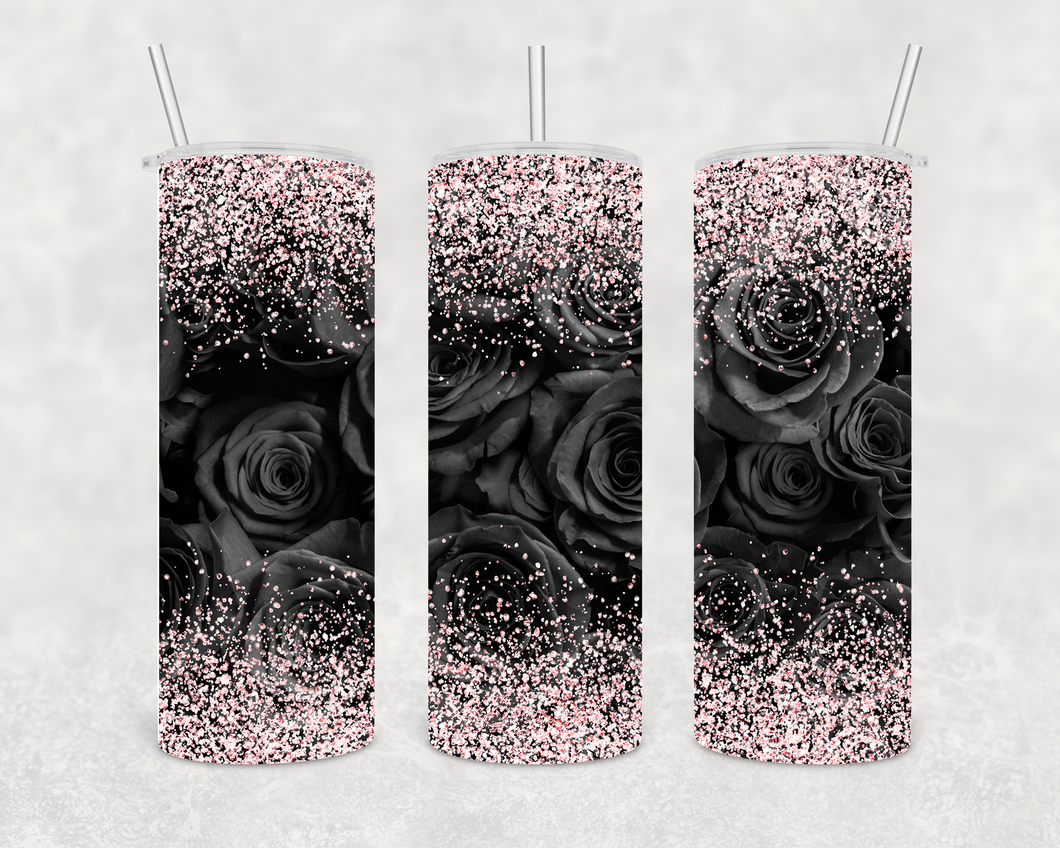 Black Roses Pink Glitter Skinny Tumbler Transfer, Valentine's Day Tumbler Sublimation Transfer, Skinny Tumbler Sublimation Transfer